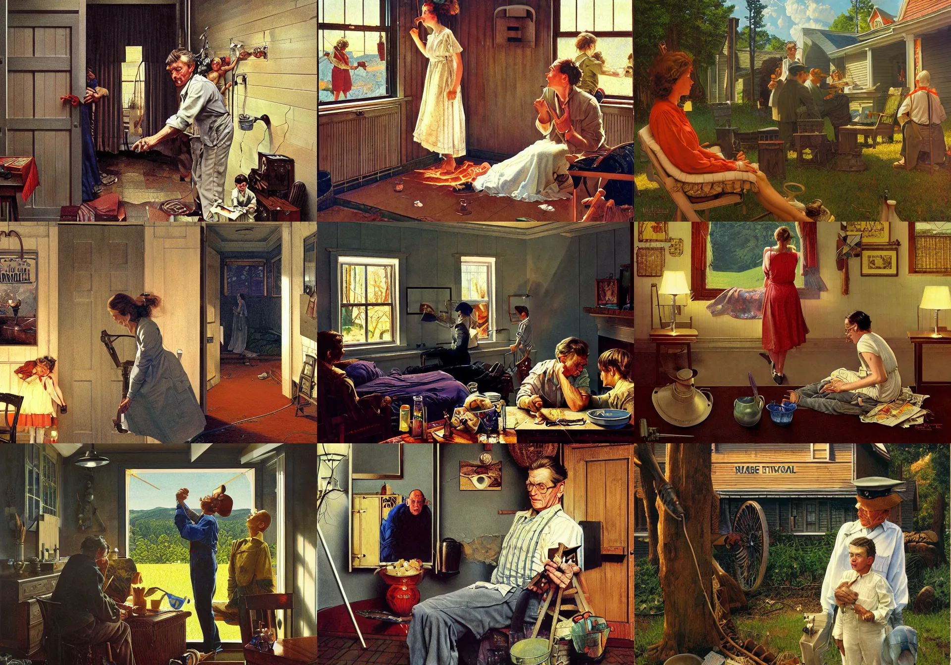 Image similar to high quality high detail painting by david mattingly and norman rockwell and nc wyeth, hd, realistic matte, photorealistic lighting, composition and layout inspired by gregory crewdson, modern supernatural horror, stephen king