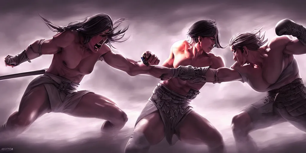 Image similar to hyper realistic fantasy fight scene, concept art, by artgerm