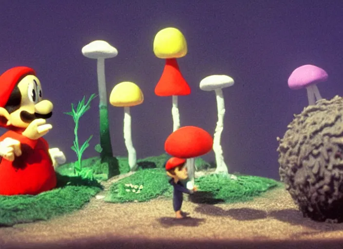 Image similar to still from a 1 9 8 5 live - action stop - motion puppetry tv show by tim burton starring the mario bros. and bowser and princess toadstool and toad and mario's enemies in dioramas of the mushroom kingdom. everything is made of plasticine, fabric, and physical materials. photographic ; cute ; highly - detailed.