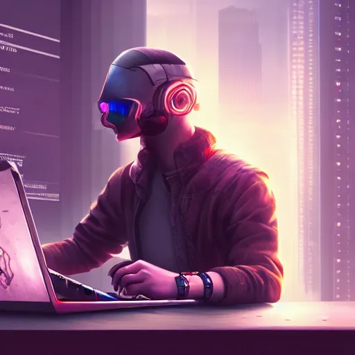 Prompt: realistic man using laptop in gaming room, artstation trends, cyberpunk concept art, highly detailed, intricate, sharp focus, digital art, 8 k