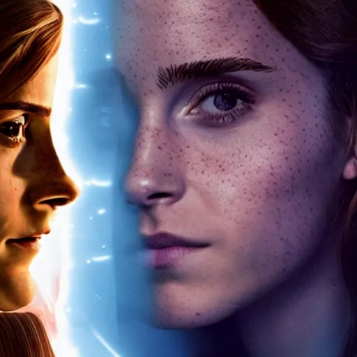 Image similar to Photograph. Double exposure. Emma Watson as Hermione Granger. Natalie Portman as Padme Amidala. Smokey. Dramatic lighting. Color graded. Blue and grey. Extremely detailed. Cinematic.