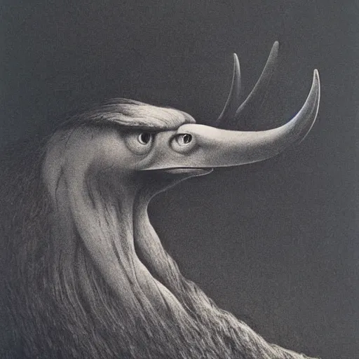 Image similar to a creature with the body and eyes of a man, with the beak of an eagle, the mane of a lion, and the horns of an ox. drawn by zdzislaw beksinski