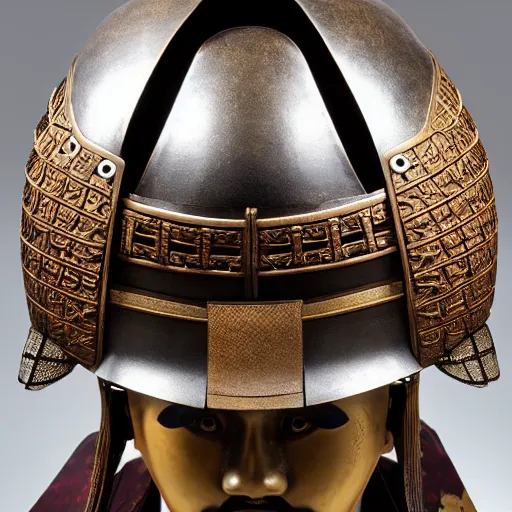 Prompt: japanese samurai helmet, intricate detail, full shot, museum lighting, ultra detailed,