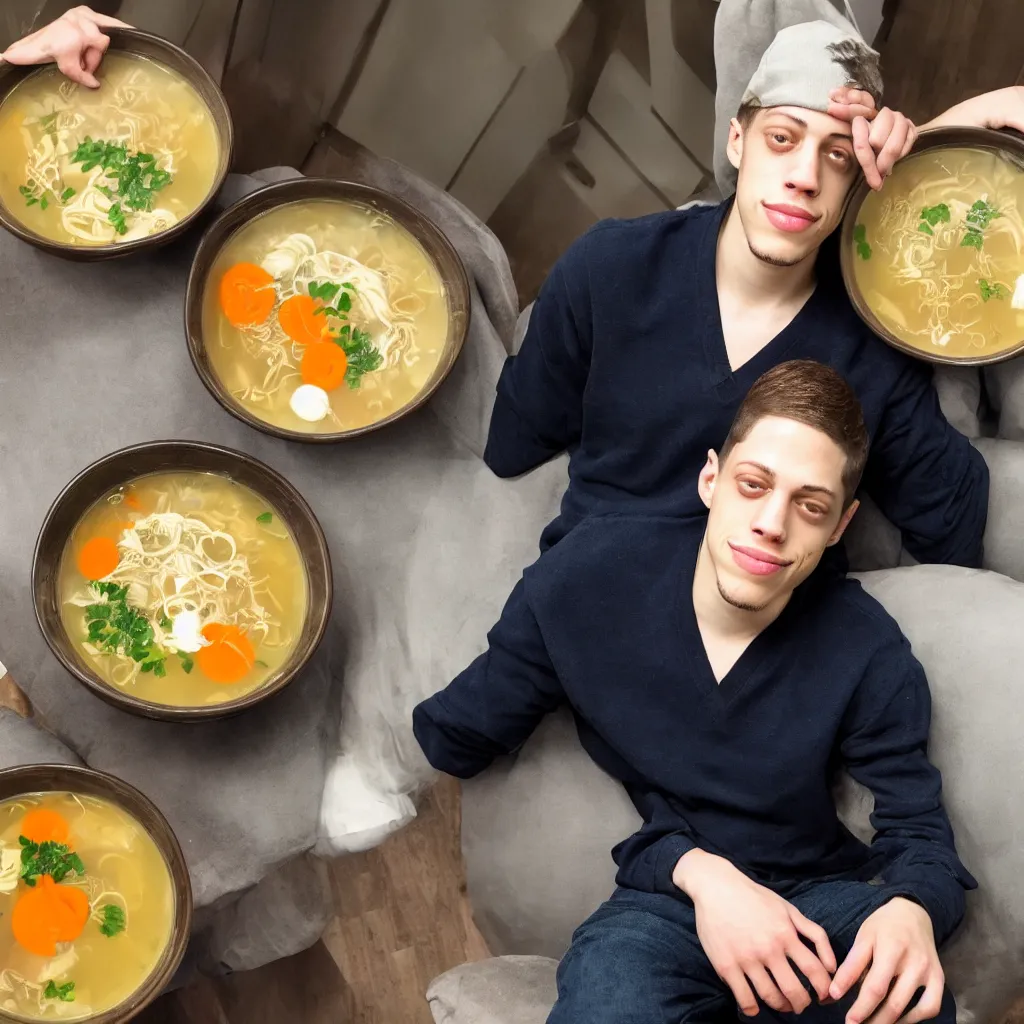 Image similar to pete davidson sitting in a bowl of nice broth soup