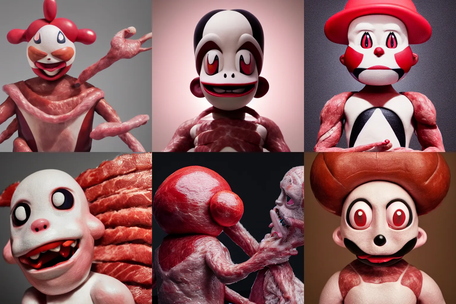 Prompt: humanoid Mr. Mime Pokemon sculpture made of real meat, perfectly symmetrical, beautiful detailed intricate insanely detailed octane render, 8k artistic photography, photorealistic, chiaroscuro, by David Cronenberg, Raphael, Caravaggio