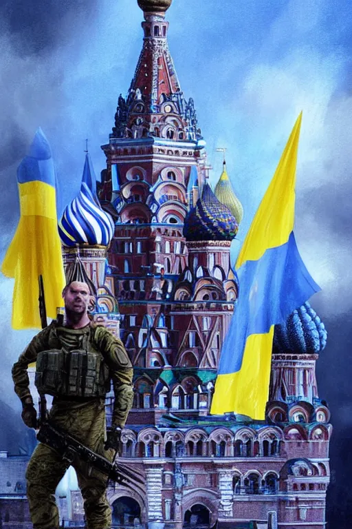 Image similar to special forces soldier raising ukrainian blue and yellow flag, kremlin st. basil cathedral in the background, masculine figure, d & d, fantasy, bright atmosphere, volumetric lights, intricate, elegant, extremely detailed, digital painting, artstation, concept art, matte, smooth, sharp focus, hyper realistic, illustration, art by artgerm and greg rutkowski and alphonse mucha