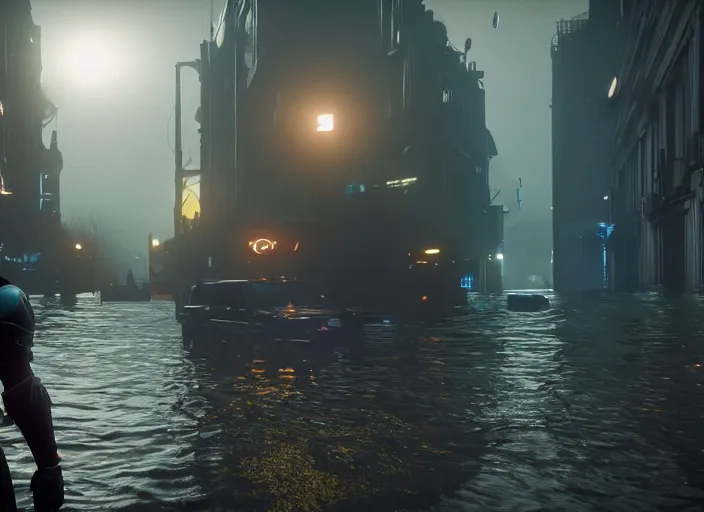 Image similar to 4 k 6 0 fps in - game destiny 2 gameplay showcase, dark, misty, foggy, flooded, rainy new york city swamp street in destiny 2, liminal, dark, dystopian, large creatures in distance, abandoned, highly detailed