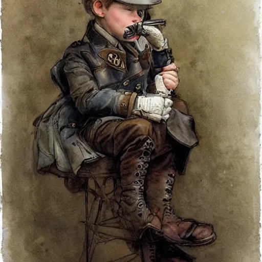 Image similar to by Jean-Baptiste Monge !!!!!!!!!!!!!!!!!!!!!!!!!!!!!!!!!!!!! (((((((((((((portrait of boy dressed as steampunk detective wearing leather gloves . muted colors.)))))))))))))