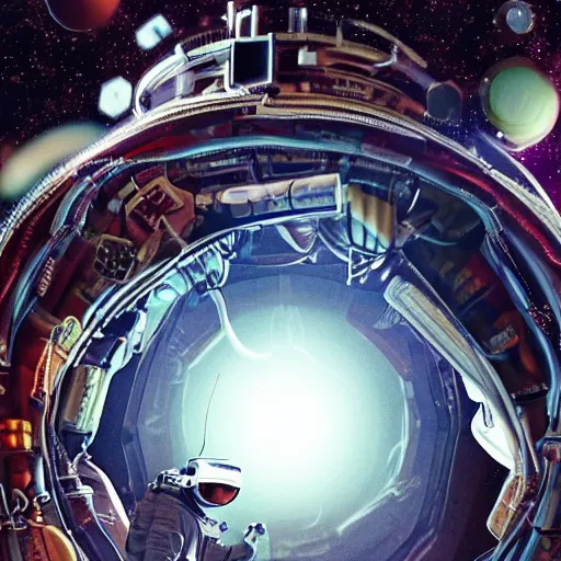 Prompt: an epic portrait of an astronaut entering the micro atom realm of the microscopic multiverse with a tiny micro spaceship, cinematic lighting, under a microscope, highly detailed, insane details