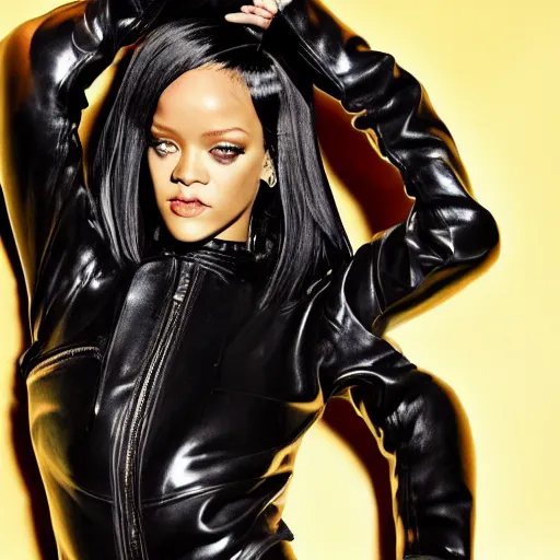 Image similar to detailed rihanna portrait black leather gantz clothes by shunya yamashita