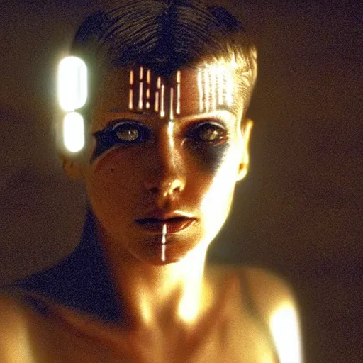 Prompt: cinematic portrait of a runaway cyborg with tribal facepaint in an empty room, still from the movie bladerunner