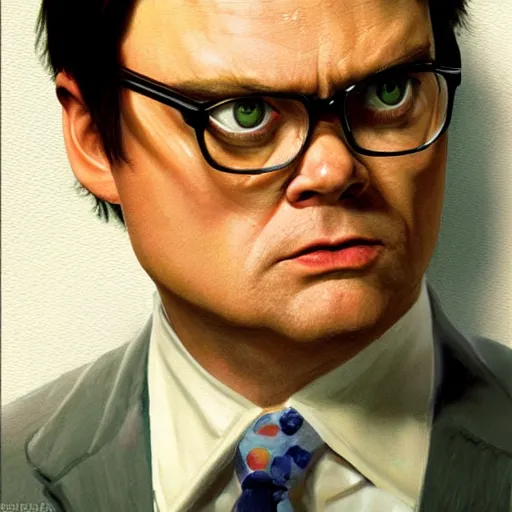 Image similar to close-up of Dwight Schrute in The Office (2005) looking furious, highly detailed, sharp focus, digital painting, artwork by Victor Adame Minguez + Yuumei + Tom Lovell + Sandro Botticelli