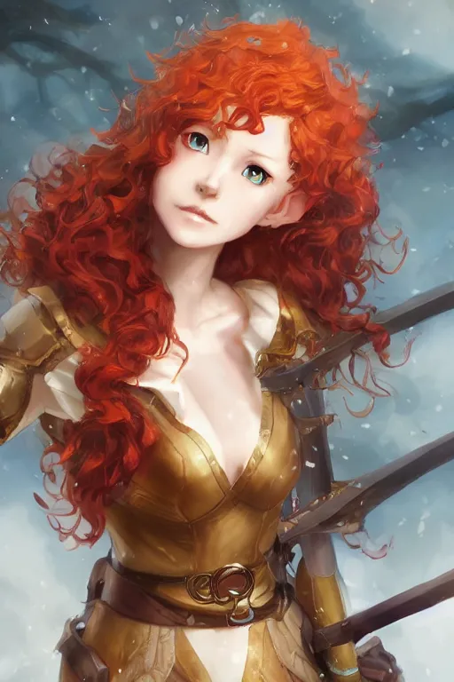 Image similar to A beautiful anime portrait of a curly haired redhead female elf, rpg ranger outfit, elven bow, by Stanley Artgerm Lau, WLOP, Rossdraws, James Jean, Andrei Riabovitchev, Marc Simonetti, and Sakimichan, tranding on artstation