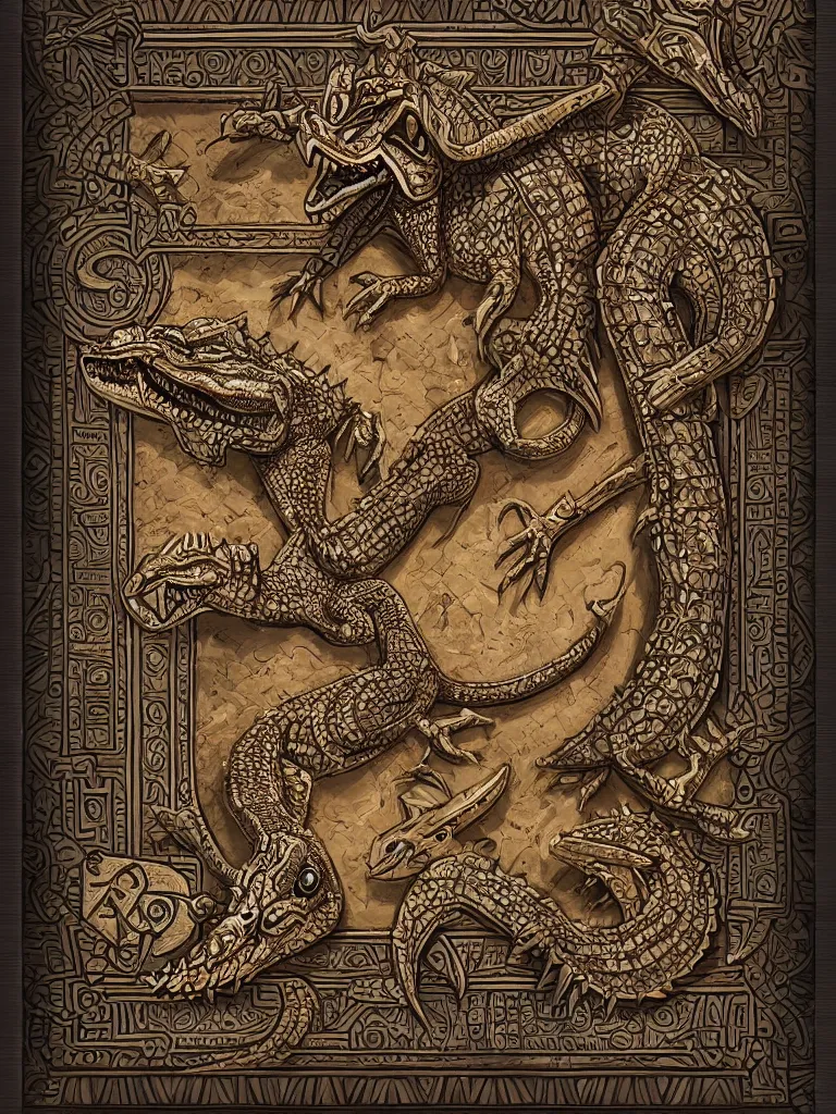 Image similar to aztec book decorative border frame, crocodile reptilian motifs, d & d, fantasy, intricate, elegant, highly detailed, digital painting, artstation, illustration, hearthstone