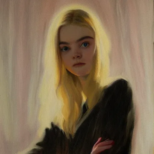 Prompt: Elle Fanning, oil painting by John Sargent