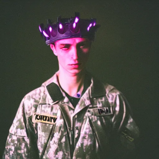 Prompt: close up kodak portra 4 0 0 photograph of a futuristic soldier after the battle standing in dark forestin in a crowd, flower crown, moody lighting, telephoto, 9 0 s vibe, blurry background, vaporwave colors, faded