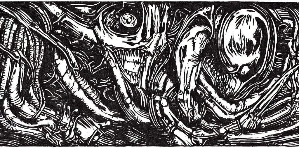 Prompt: alien xenomorph in the style of HR Giger, woodcut, movie scene