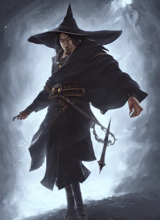 Image similar to a highly detailed illustration of Hiroyuki Sanada as wizard wearing black robe and mage hat, heroic magic floating pose, intricate, elegant, highly detailed, centered, digital painting, artstation, concept art, smooth, sharp focus, league of legends concept art, WLOP