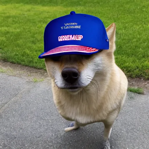 Image similar to doge wearing a make america great again cap, realistic, super detailed, wide shot, 8 k,