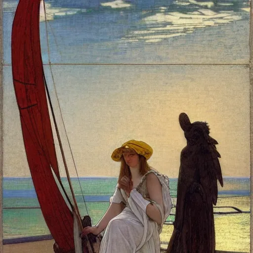 Image similar to An angel with jester hat and clothes on a greek circle archi on the front of a Balustrade with a beach and a sail boat on the background, major arcana cards, by paul delaroche, alphonse mucha and daniel garber daniel garber hyperrealistic 8k, very detailed