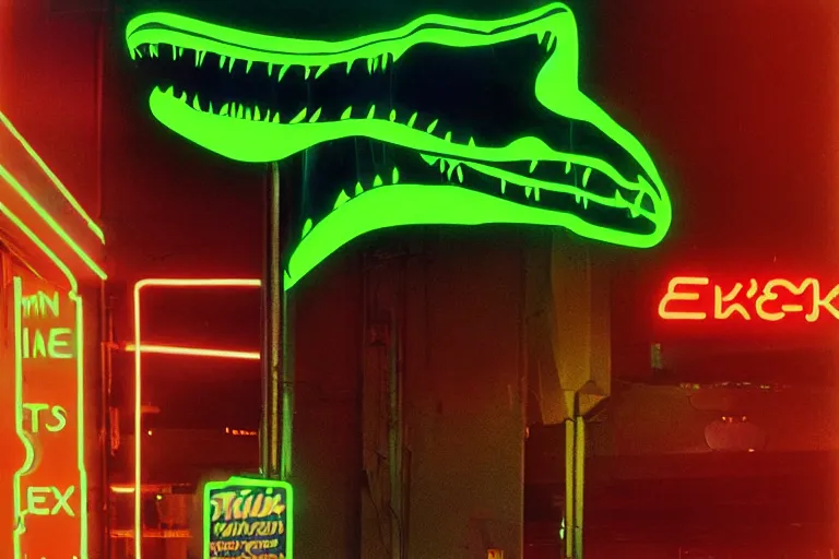 Image similar to poster of a T-Rex thick neon lights, ektachrome photograph, volumetric lighting, f8 aperture, cinematic Eastman 5384 film