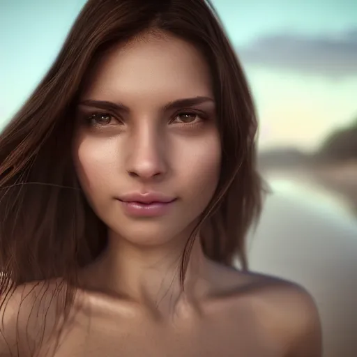 Prompt: real life photo of a beautiful girl, full body photoshoot, long brown hair, brown eyes, full round face, short smile, belly free, thin long sleeved, beach setting, cinematic lightning, medium shot, mid - shot, highly detailed, trending on artstation, unreal engine 4 k, 8 0 mm, 8 5 mm, cinematic wallpaper