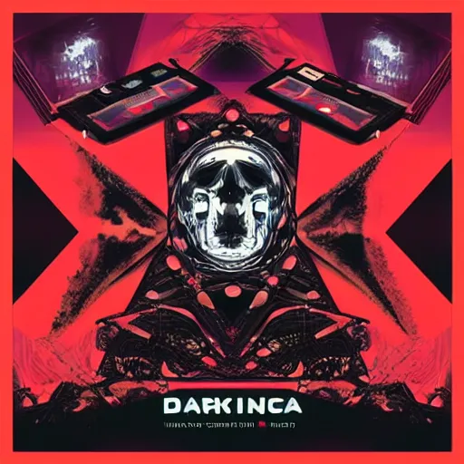 Image similar to amazing electronica darksynth vynil album cover graphic design,