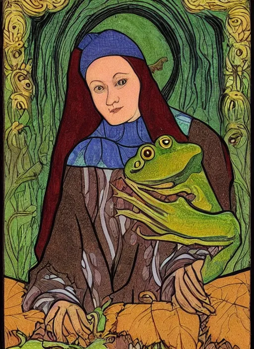 Prompt: portrait of a woman holding a frog ; pretty face ; scary slavic tale ; ivan bilibin style ; 8 k ; sharp focus