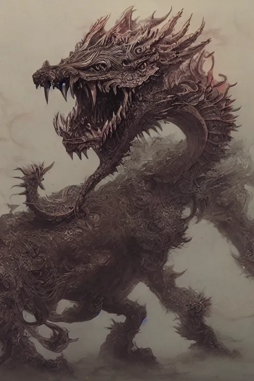 Image similar to oimmortal beast from chinese mythology, chinese dragon slayer concept art, beksinski