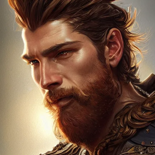 Image similar to portrait of a ruggedly handsome paladin, soft hair, muscular, half body, leather, hairy, d & d, fantasy, intricate, elegant, highly detailed, digital painting, artstation, concept art, smooth, sharp focus, illustration, art by artgerm and greg rutkowski and alphonse mucha