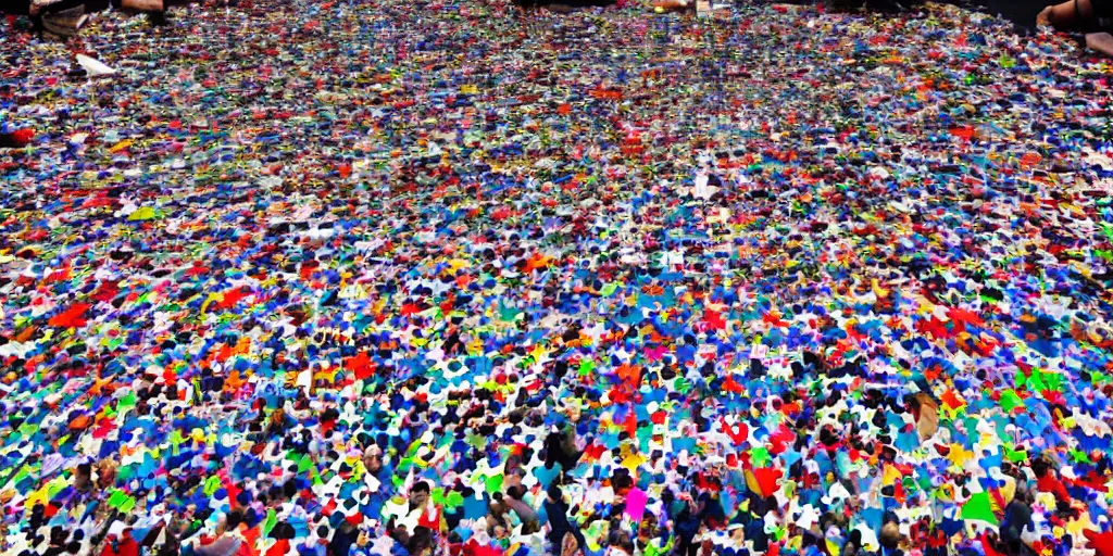 Image similar to a giant jigsaw puzzle being put together by a crowd of tiny people