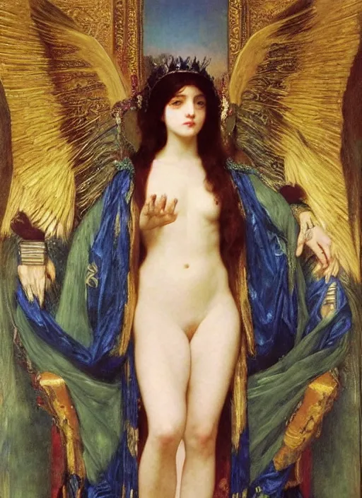 Prompt: oil painting of a portrait of Vulvina, queen of Ecstasy in a large throne room, Hungarian, by Bouguereau, by Georgia o Keeffe, by Gustave Moreau!!!