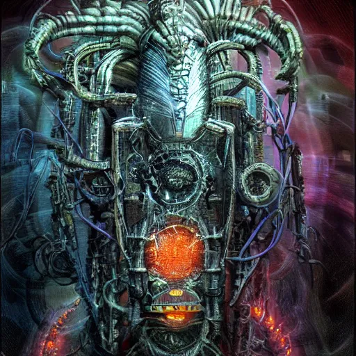 Prompt: highly evolved biomechanical phyrexian dreadnought plus borg queen hybrid being possessed by the machine spirit artists tram pararam and doctor seuss with beryl cook and hr giger neon high contrast cinematic light, mystical shadows, sharp focus, octane render