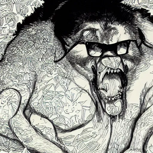 Prompt: obese werewolf wearing glasses, sitting in front of a computer, messy bedroom, pen and ink, intricate line drawings, by Yoshitaka Amano, Ruan Jia, Kentaro Miura, Artgerm, watercolor,