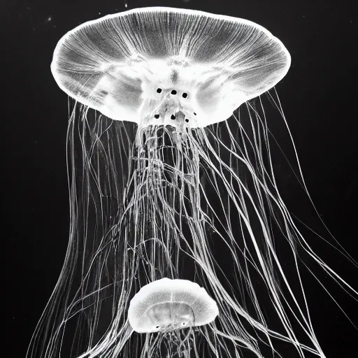 Image similar to bioluminiscent jellyfish, award winning black and white photography