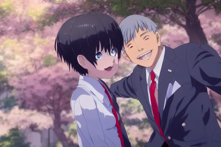 Image similar to photorealistic Joe Biden meets a beautiful smiling anime girl with black hair and hime cut sitting under a tree, anime key visual, digital art, anime screenshot, kyoto animation, makoto shinkai, trending on artstation