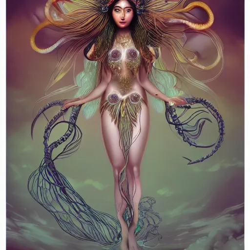 Image similar to Full body photo of the most beautiful goddess, she has a jellyfish-phoenix head's and a siren body, some tentacles are touching her, she flying to heaven through the clouds, she is swimming and leading some chrysaora hysoscella with smoke behid her, by Tooth Wu, trending on Artstation, digital art, symmetrical artwork, cinematic, hyper realism, high detail, octane render, 4k, 8k