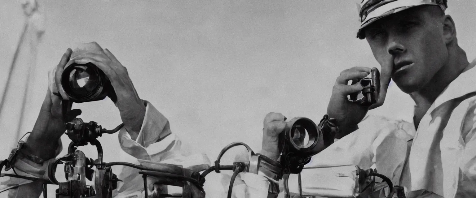 Image similar to detailed sharp portrait photograph in the style of popular science circa 1 9 5 5 of a sailor standing on the bridge of a ship look through binoculars