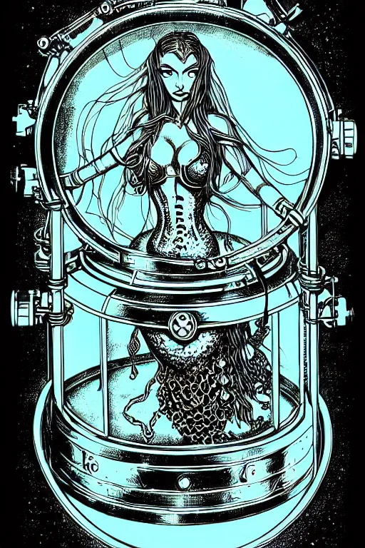 Image similar to steampunk cryo chamber containing a mermaid, high details, intricately detailed, by vincent di fate, inking, 3 color screen print, masterpiece, trending on artstation,, sharp, details, hyper - detailed, hd, 4 k, 8 k