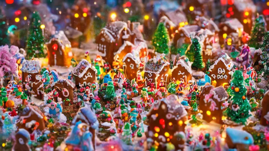 Prompt: closeup of miniature gingerbread candy village, colorful, fantasy, fairytale, forest, fireflies, flowers, halloween, christmas, snow, hansel and gretel, bokeh, depth of field 1 0 0 mm, cinematic scene, studio quality, unreal engine, octane render, trending on artstation, artgerm, cgsociety
