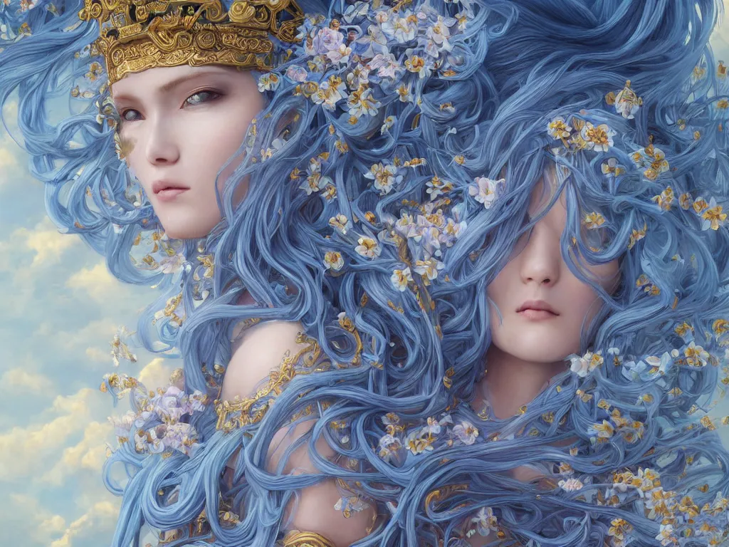 Image similar to breathtaking detailed painting of a full shot knight queen with long flowing bright blue hair, pastel flowers petals and golden tumultuous clouds, art by pilyeon and yuumei art, symmetrical facial features, at dawn in front of a pristine golden art nouveau cathedral, elegant, volumetric lighting, highly detailed, artstation, concept art, matte, sharp focus,