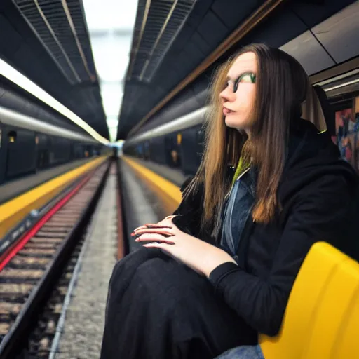 Prompt: slim goth girl sitting on a southern rail train, super realistic, perfect lighting, detailed, high contrast, bokeh