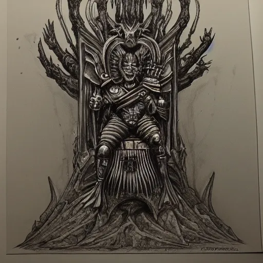 Image similar to pencil illustration. the god emperor on his golden throne. 4 0 k. body horror. in the style of giger.