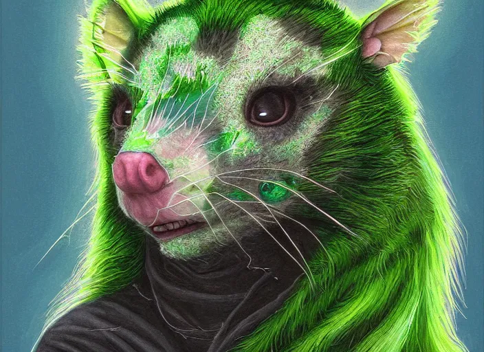 Image similar to face portrait of a anthro green zombie opossum fursona with long dark hair. Ruined stormy city. Glorious sun beams, intricate, elegant, highly detailed, digital painting, short focus, illustration, Allan Lee, John Howe