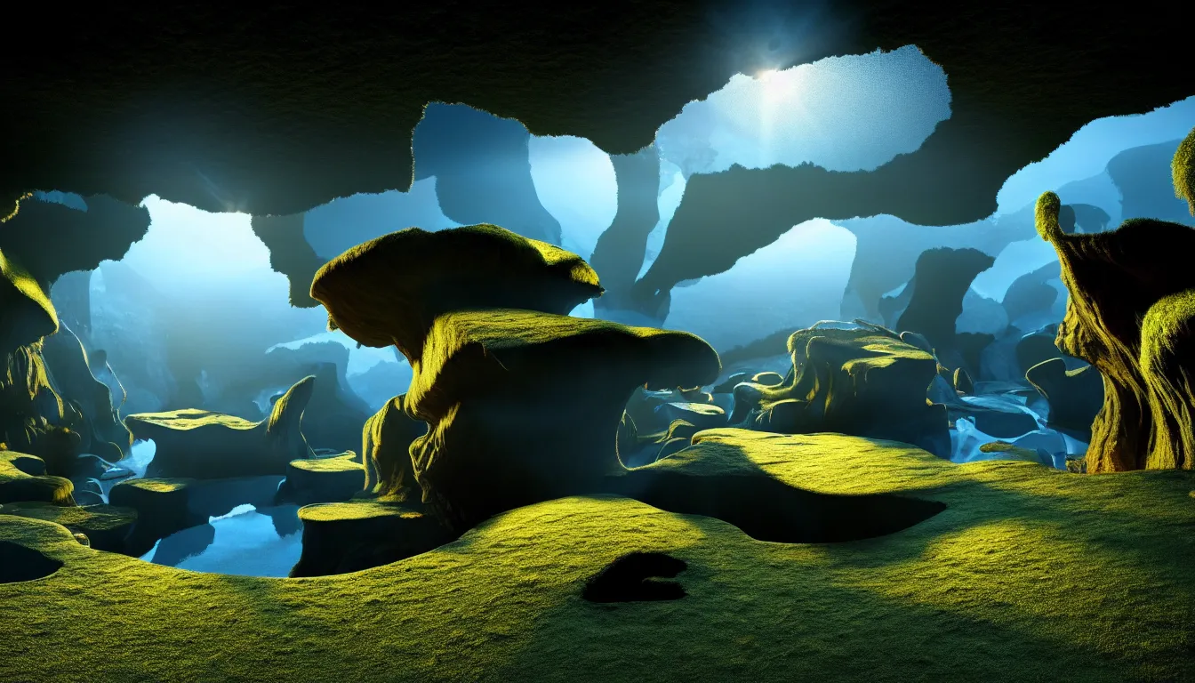 Image similar to expansive caves with growing fungal biodiversity , pools of water reflecting , dramatic dusk sun illuminates areas , volumetric light ,detailed entangled fibres carpet the fallen rocks ,full colour , upscale , 8k