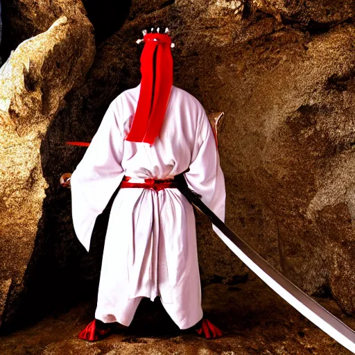 Image similar to samurai cloaked in white with swords, standing in light beam of a dark cave, ruby red sorrow, high quality, ultra detail,