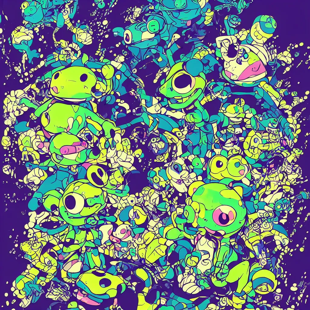 Image similar to toads, frogs, ryuta ueda artwork, breakcore, style of jet set radio, y 2 k, gloom, space, cel - shaded art style, indigo rainbow, data, minimal, takashi murakami artwork, code, cybernetic, dark, eerie, cyber