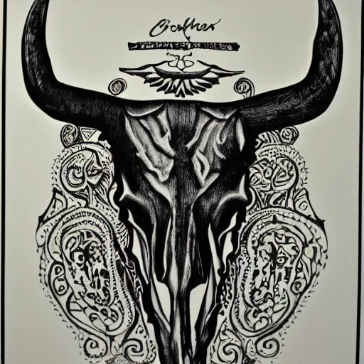 Image similar to Texas Longhorn Skull, skull bone ornately carved with delicate patterns, tritone, mixed media, fine linework, pen and ink, symmetry