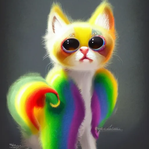 Image similar to wide angle full body, jacket wearing fluffy cute rainbow kitten wearing a black leather motorcycle jacket, concept art