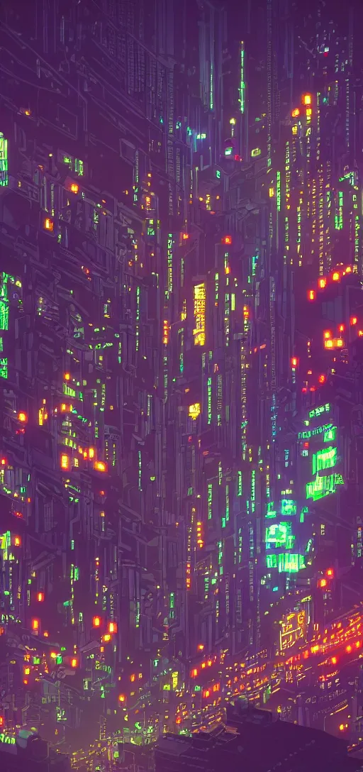 Image similar to a pixelart representation of a futurist city, cyberpunk, night, light, neon, details, 4 k, beautiful